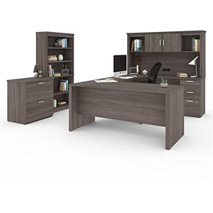 Pemberly Row 66" U-Shaped Desk with Hutch, File, and Bookcase in Bark Gray