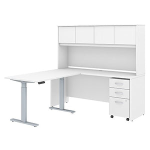 Studio C 72W x 24D L Shaped Desk with Hutch, 48W Height Adjustable Return and Storage in White