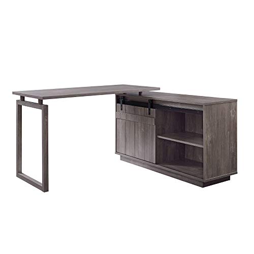 Knocbel Farmhouse L-Shaped Computer Desk with Sliding Barn Door Storage Cabinet, Home Office Workstation Writing Table, 56" L x 51" W x 30" H (Gray Washed)