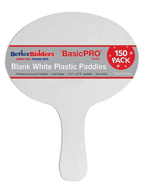 Better Bidders Plastic Paddles, Blank, 2mm Thick, White (150 Pack, Oval),"BasicPRO" line