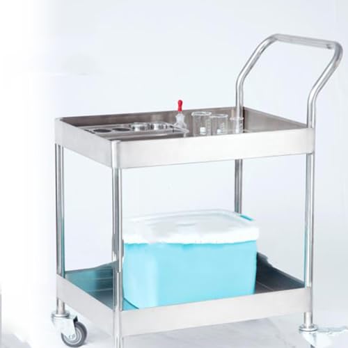 DHNDSDP Stainless Steel Rolling Utility Trolley 2 Tier Heavy Duty Storage Carts - Commercial Grade Metal with Wheels and Handle - Kitchen Trolley (70x50x9)