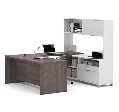 Bestar Pro-Linea U-Desk with Hutch, White/Bark Grey