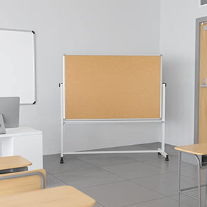 EMMA + OLIVER 62.5"W x 62.25"H Reversible Mobile Cork Bulletin Board and White Board with Pen Tray