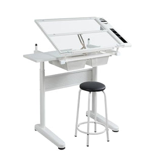 Aursrenty Drafting Table with Stool and Tilting Tabletop - Art Craft Desk with Drawers