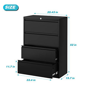 Aobabo Metal Lateral File Cabinet with Lock, Large Drawer, 35.43" Wide, Black, 4 Drawer