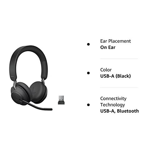 Global Teck Worldwide Jabra Evolve2 65 Wireless Bluetooth Headset Stereo UC - USB Blue Tooth Dongle, Black