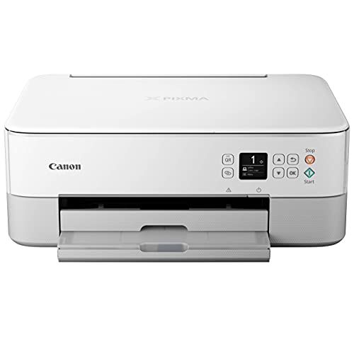 Canon PIXMA TS Series All-in-One Color Wireless Bluetooth Inkjet Printer - White - Copier/Printer/Scanner - 13.0 ipm, Auto 2-Sided Printing, Voice-Activated, 1.44" OLED