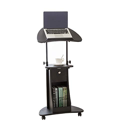 Stand-up Adjustable Rolling Laptop Cart Sit-to-Stand Teacher Podium Desk Steel Frame Mobile Standing - Black, 55x40x116cm