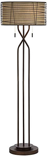 Franklin Iron Works Marlowe Industrial Rustic Farmhouse Floor Lamp - 60 1/2" Tall Bronze Woven Iron Metal Burlap Fabric Double Drum Shade