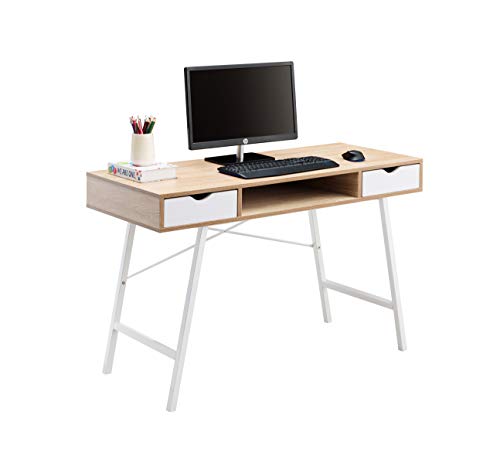 JJS Home Office Writing Desk with Drawers, Modern Computer Study Wooden Desk Table Laptop PC Workstation with Storage, Mid Century White Oak