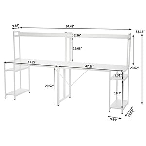 Wohaha 2 Person Long Computer Table with Storage Shelves 94", Gaming Desk Home Office Writing Workstation Table with 2 Host Shelves & Bookshelf, Industrial Modern Simple Style Laptop Desk (White)