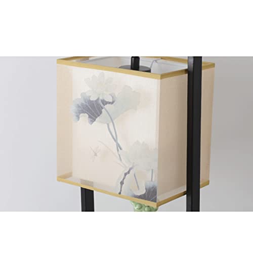 VejiA Chinese Ceramic Lotus Floor Lamp with Fabric Shade - Retro E27 Dimmable Standing Reading Light