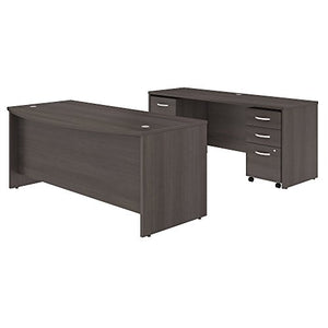 Studio C 72W x 36D Bow Front Desk and Credenza with Mobile File Cabinets in Storm Gray