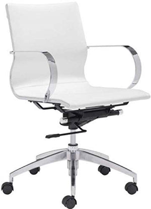 Zuo Modern 100375 Glider Low Back Office Chair, White, Slim Yet Comfortable Profile with Added Lumbar Support, Soft Leatherette Upholstery and Chrome Arms, Dimensions 27.6"W x 33.9"H x 27.6"L