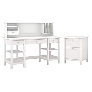 Bush Furniture Broadview 60W Desk with Storage Shelves, Small Hutch Organizer and File Cabinet in White