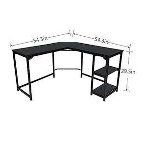 L Shaped Computer Desk 54" with Storage Shelves Gaming L Desk Workstation for Home Office Wood & Metal, Black