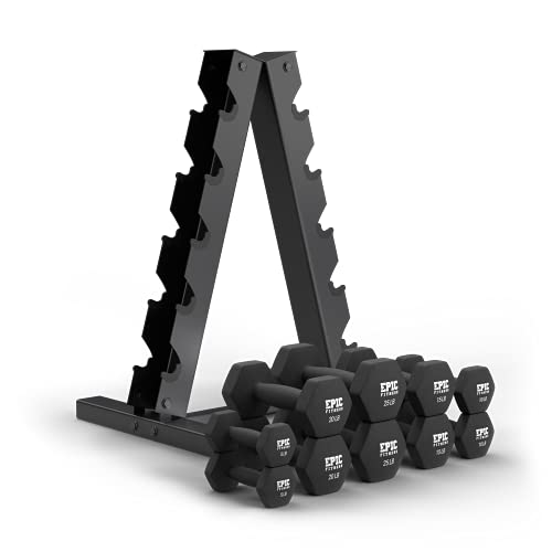 Epic Fitness 150-Pound Neoprene Hex Dumbbell Set with Heavy Duty A-Frame Rack