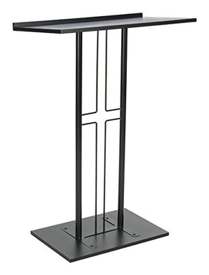 Displays2go Cross Podium, Floor Standing Pulpit, Slanted Top, Steel/Wood Base, Black