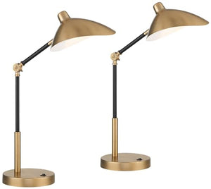 360 Lighting Mid Century Modern Desk Lamps Set of 2 - Black Gold Metal Shade - USB Port - Adjustable LED - 28" Tall