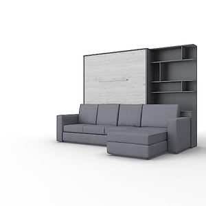 Maxima House Invento Vertical Wall Bed with Corner Sofa & Bookcase, 62.9 x 78.7 inch (Slate Grey/White Monaco/Grey)