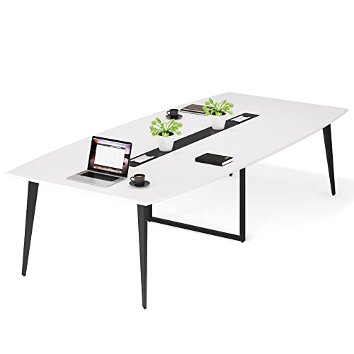 Tribesigns 8FT Boat Shaped Conference Table with Grommet - White & Black, Modern Office Meeting Table