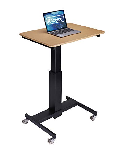 Rocelco 28" Height Adjustable Mobile School Standing Desk - Quick Sit Stand Up Home Computer Workstation - Gas Spring Assist Office Laptop Riser Cart - Wood Grain (R MSD-28)