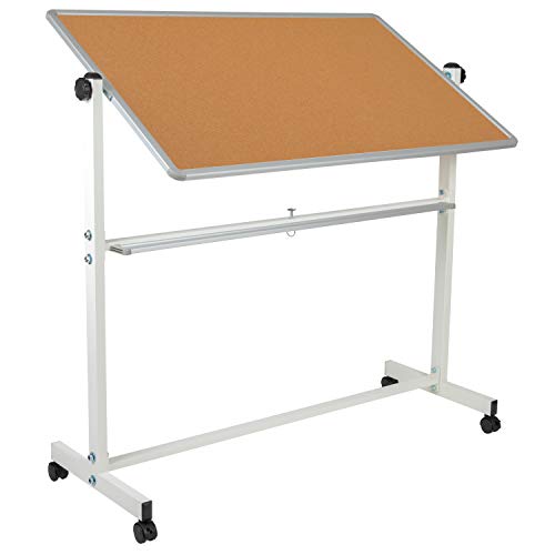 Flash Furniture HERCULES Series 53"W x 59"H Reversible Mobile Cork Bulletin Board and White Board with Pen Tray