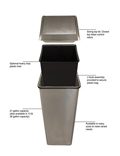 Witt Industries 1411HTSS Stainless Steel 21-Gallon Waste Watcher Hamper and Swing Top Receptacle, Square, 15" Width x 15" Depth x 38" Height, Silver