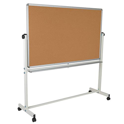 Offex 20" L x 64.25" W x 64.75" H Reversible Mobile Cork Bulletin Board and White Board with Pen Tray