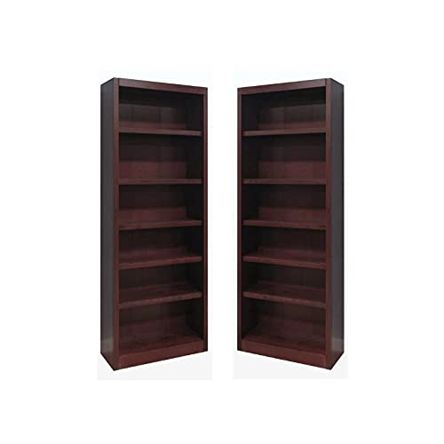 Home Square Solid Wood 84" Bookcase Set with Six Shelves, Set of 2, Cherry