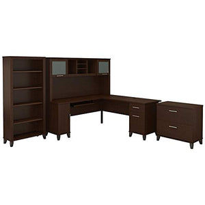 Bush Furniture Somerset 72W L Shaped Desk with Hutch, Lateral File Cabinet and Bookcase in Mocha Cherry