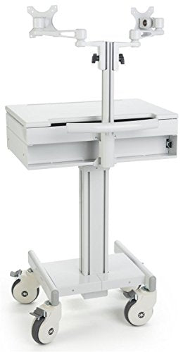 Displays2go Mobile Medical Cart with 2 Monitor Holders, Height Adjustable, Pullout Tray - Gray