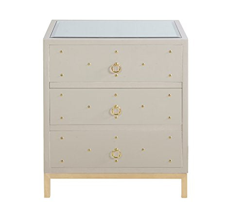 Iconic Home Prato Nightstand Side Table Mirror Glass Top with 3 Self Closing Lacquer Drawers Brass Finished Stainless Steel Frame Base, Modern Contemporary, Beige