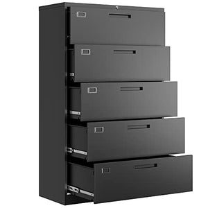 Letaya 5 Drawer File Cabinet with Lock - Metal Lateral Filing Cabinet for Home Office - Black