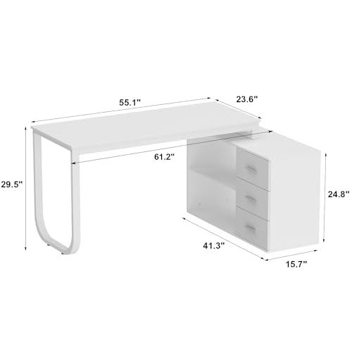 Homsee L-Shaped Computer Desk with Drawers, Shelves, and Storage Cabinet - White
