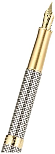 PARKER Sonnet Fountain Pen, Prestige Chiseled Silver with Gold Trim, Solid 18k Gold Fine Nib