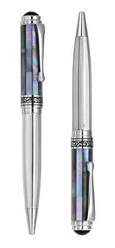 Xezo Maestro Solid 925 Sterling Silver and Black Mother of Pearl All Handcrafted and Serialized Medium Ballpoint Pen. Platinum Plated. No Two Alike (Maestro 925 BL MOP B)