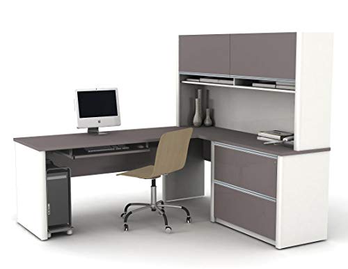 Bestar Connexion L-Shaped Workstation Kit Including Assembled Oversized Pedestal, Slate/Sandstone