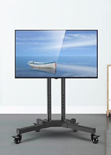 YokIma TV Stand for 55 65 Inch TV, Black Mobile TV Stand On Wheels, Height Adjustable - Holds 110 Lbs
