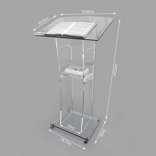 Acrtmatic Clear Acrylic Rolling Podium Stand, 47-inch with Storage Shelf
