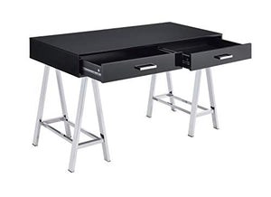 Knocbel Contemporary Computer Desk with Storage Drawers, Home Office Workstation Writing Table with Metal Sawhorse Base, Black Glossy Finish, 54" L x 22" W x 32" H (Black and Chrome)