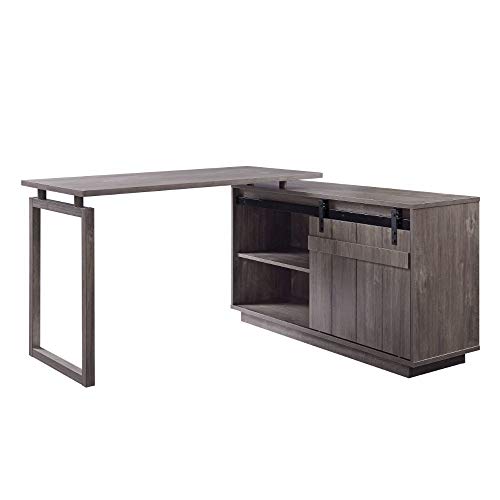 Knocbel Farmhouse L-Shaped Computer Desk with Sliding Barn Door Storage Cabinet, Home Office Workstation Writing Table, 56" L x 51" W x 30" H (Gray Washed)
