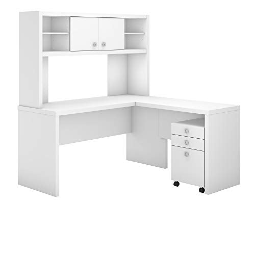 kathy ireland Office by Bush Business Furniture Echo L Shaped Desk with Hutch and Mobile File Cabinet, Pure White, Standard Delivery
