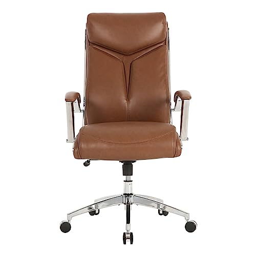 Realspace Modern Comfort Verismo Bonded Leather High-Back Executive Chair, Brown/Chrome