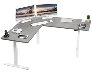 VIVO Electric Height Adjustable L-Shaped Corner Stand Up Desk, 67x60 inch, White Frame, Dark Gray Table Tops, Memory Controller | 3E Series