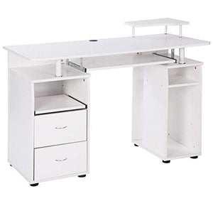 Takefuns Home Office Computer Desk with Pull-Out Keyboard Tray and Drawers,Wood Study Writing Desk,Large Home Workstation with Bookcase-White