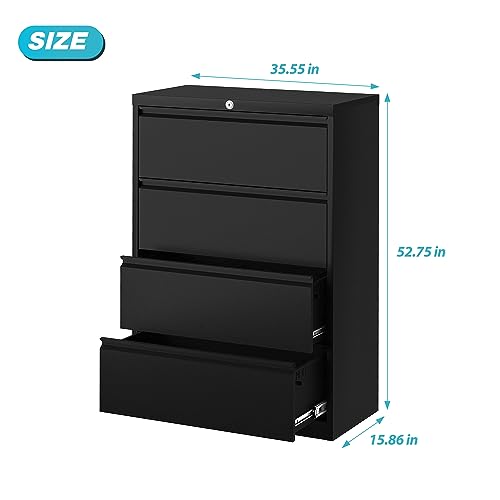 GangMei Metal 4 Drawer Lateral File Cabinet with Lock, Legal Size Steel Filing Cabinet (Black)