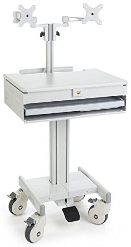 Displays2go Mobile Medical Cart with 2 Monitor Holders, Height Adjustable, Pullout Tray - Gray
