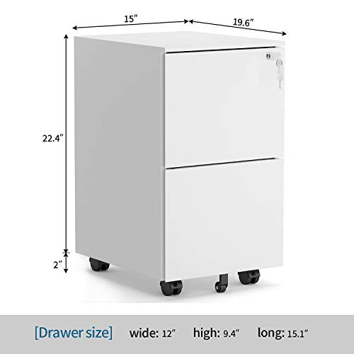 ModernLuxe 2 Drawer Locking File Cabinet with Wheels, Steel, White