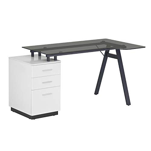 Techni Mobili Modern Smoke Tempered Glass top & Storage Home Office Computer Writing Desk Workstation with Two Cupholders and a Headphone Hook-Pine, White